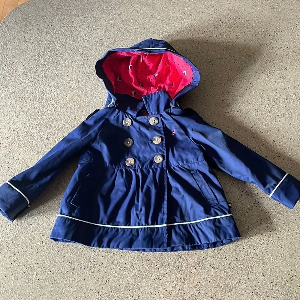 Adorable Nautica navy blue infant sailor jacket/pea coat with removable hood